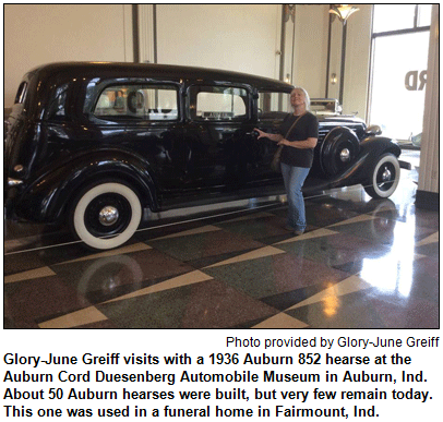 Glory-June Greiff visits with a 1936 Auburn 852 hearse at the Auburn Cord Duesenberg Automobile Museum in Auburn, Ind. About 50 Auburn hearses were built, but very few remain today. This one was used in a funeral home in Fairmount, Ind. Photo provided by Glory-June Greiff.