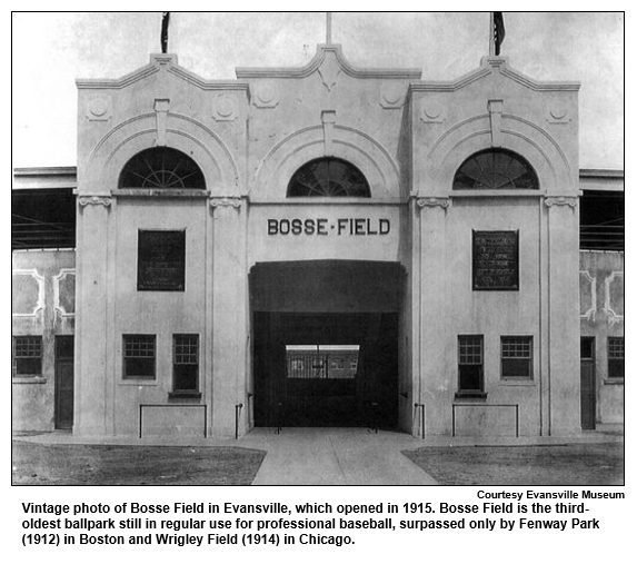 Vintage photo of Bosse Field in Evansville, which opened in 1915. Bosse Field is the third oldest ballpark still in regular use for professional baseball, surpassed only by Fenway Park (1912) in Boston and Wrigley Field (1914) in Chicago.
Courtesy Evansville Museum.