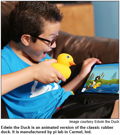 Edwin the Duck is an animated version of the classic rubber duck. It is manufactured by pi lab in Carmel, Ind.