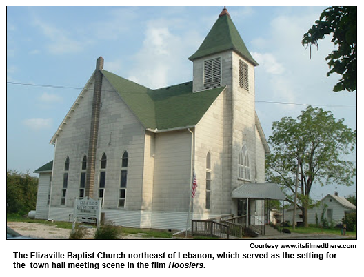 The Elizaville Baptist Church northeast of Lebanon, which served as the setting for the  town hall meeting scene in the film Hoosiers. 
Courtesy www.itsfilmedthere.com
