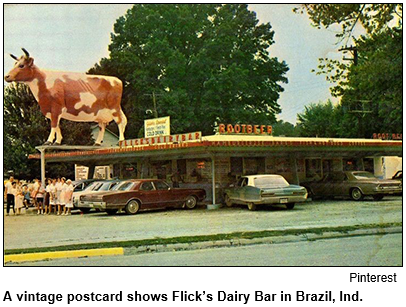 A vintage postcard shows Flick's Dairy Bar in Brazil, Ind.