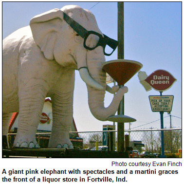 A giant pink elephant with spectacles and a martini graces the front of a liquor store in Fortville, Ind. Photo courtesy Evan Finch.
