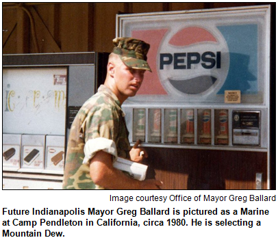 Future Indianapolis Mayor Greg Ballard is pictured as a Marine at Camp Pendleton in California, circa 1980. He is selecting a Mountain Dew. Image courtesy Office of Mayor Greg Ballard.