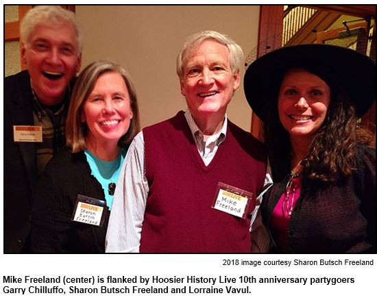 Mike Freeland (center) is flanked by Hoosier History Live 10th anniversary partygoers Garry Chilluffo, Sharon Butsch Freeland and Lorraine Vavul.