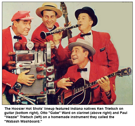 The Hoosier Hot Shots’ lineup featured Indiana natives Ken Trietsch on guitar (bottom right), Otto "Gabe" Ward on clarinet (above right) and Paul "Hezzie" Trietsch (left) on a homemade instrument they called the "Wabash Washboard." 
