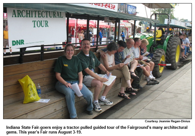 Indiana State Fair-goers enjoy a tractor-pulled guided tour of the Fairground’s many architectural gems. This year’s Fair runs August 3-19.
Courtesy Jeannie Regan-Dinius