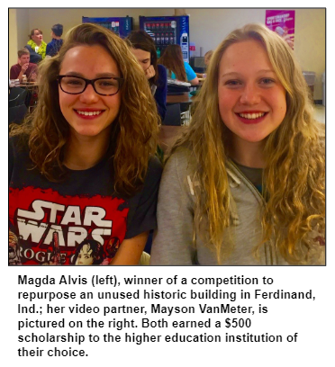 Magda Alvis (left), winner of a competition to repurpose an unused historic building in Ferdinand, Ind.; her video partner, Mayson VanMeter, is pictured on the right. Both earned a $500 scholarship to the higher education institution of their choice.