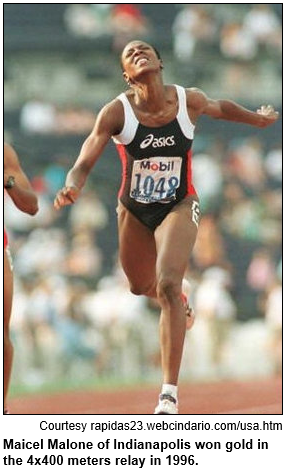 Maicel Malone of Indianapolis won gold in the 4x400 meters relay in 1996. Image courtesy rapidas23.webcindario.com/usa.htm.