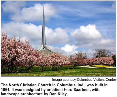 The North Christian Church in Columbus, Ind., was built in 1964. It was designed by architect Eero Saarinen, with landscape architecture by Dan Kiley. Image courtesy Columbus Visitors Center.