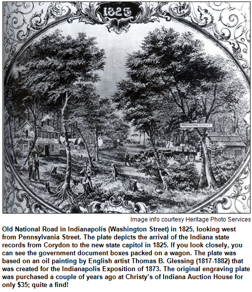 Old National Road engraving plate, 1825, pictures Indianapolis' Washington Street.