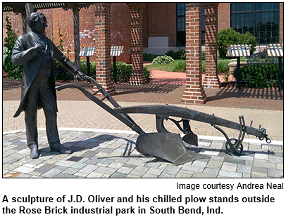 A sculpture of J.D. Oliver and his chilled plow stands outside the Rose Brick industrial park in South Bend, Ind. Image courtesy Andrea Neal.