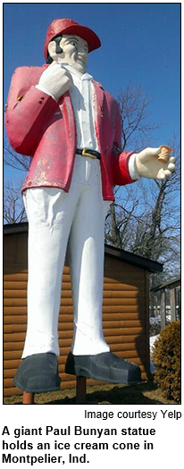 A giant Paul Bunyan statue holds an ice cream cone in Montpelier, Ind. Image courtesy Yelp.