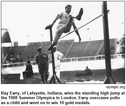 Ray Ewry of Lafayette, Indiana wins the standing high jump at the 1908 Summer Olympics in London. Ewry overcame polio as a child and went on to win 10 gold medals. Image courtesy olympic.org.