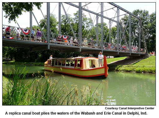 A replica canal boat plies the waters of the Wabash and Erie Canal in Delphi, Ind.
Courtesy Canal Interpretive Center.

