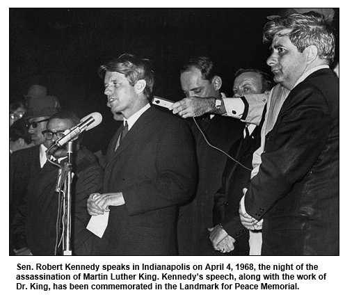 Sen. Robert Kennedy speaks in Indianapolis on April 4, 1968, the night of the assassination of Martin Luther King. Kennedy’s speech, along with the work of Dr. King, has been commemorated in the Landmark for Peace Memorial.  
