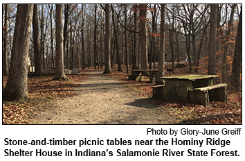 Stone-and-timber picnic tables near the Hominy Ridge Shelter House in Indiana’s Salamonie River State Forest. Photo by Glory-June Greiff.