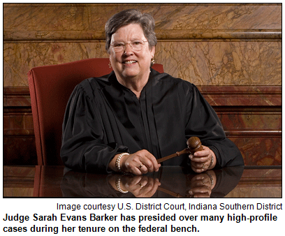 Judge Sarah Evans Barker appears with a gavel. Image courtesy U.S. District Court, Indiana Southern District.