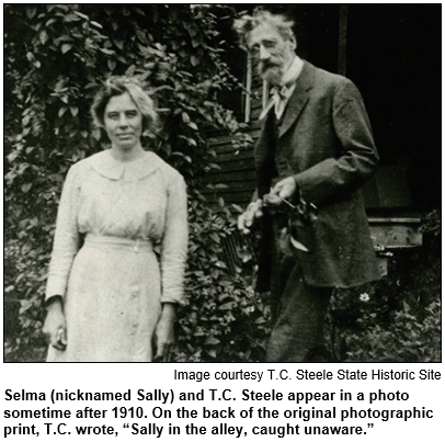 Selma (nicknamed Sally) and T.C. Steele appear in a photo sometime after 1910. On the back of the original photographic print, T.C. wrote, "Sally in the alley, caught unaware." Image courtesy T.C. Steele State Historic Site.