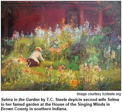 Selma in the Garden painting by T.C. Steele depicts second wife Selma in her famed garden at the House of the Singing Winds in Brown County in southern Indiana. Image courtesy tcsteele.org.