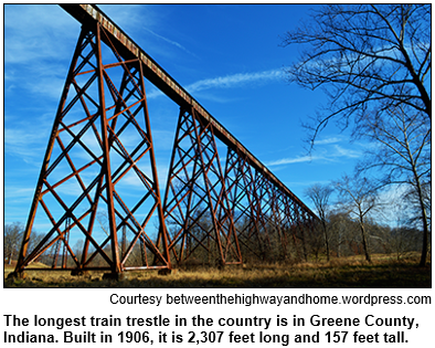 The longest train trestle in the country is in Greene County, Indiana. Built in 1906, the Tulip Trestle is 2,307 feet long and 157 feet tall. Image courtesy betweenthehighwayandhome.wordpress.com.