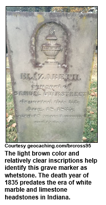 The light brown color and relatively clear inscriptions help identify this grave marker as whetstone. The death year of 1835 predates the era of white marble and limestone headstones in Indiana.