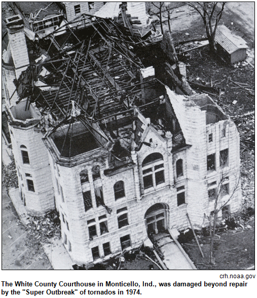 The White County Courthouse in Monticello, Ind., was damaged beyond repair by the "Super Outbreak" of tornados in 1974. Image courtesy crh.noaa.gov.