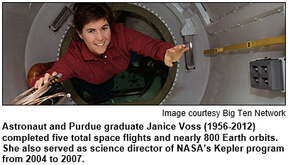 Astronaut and Purdue graduate Janice Voss (1956-2012) completed five total space flights and nearly 800 Earth orbits. She also served as science director of NASA's Kepler program from 2004 to 2007. Image courtesy Big Ten Network.