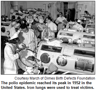 The polio epidemic reached its peak in 1952 in the United States. Iron lungs were used to treat victims. Courtesy March of Dimes Birth Defects Foundation.